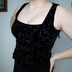 Black Velvet Floral Beaded Corset Style Crop Top by Kay Unger New York